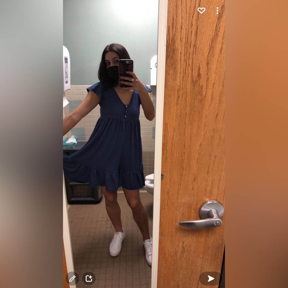 Blue babydoll mini dress with ruffled sleeves